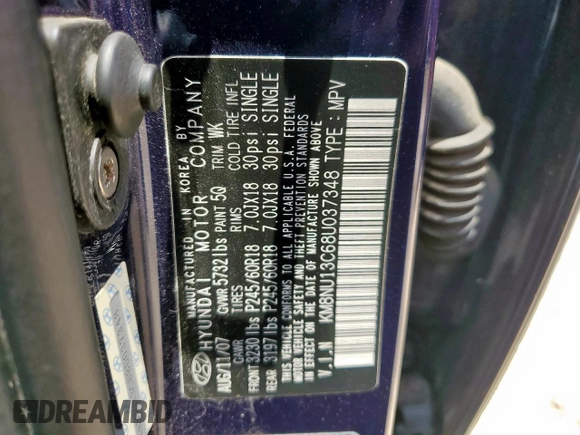 2008 Hyundai Veracruz GLS with VIN KM8NU13C68U037348, listed as a Copart auction lot 58433215 with 81,012 mi miles and Salvage title. Bid and sale history available at DreamBid. Image 13.