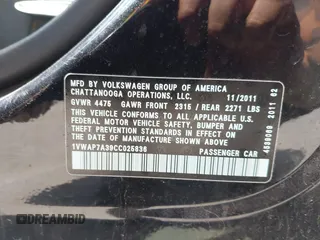 2012 Volkswagen Passat S with VIN 1VWAP7A39CC025836, listed as a IAAI auction lot 42148349 with 215,546 mi miles and . Bid and sale history available at DreamBid. Image 9.