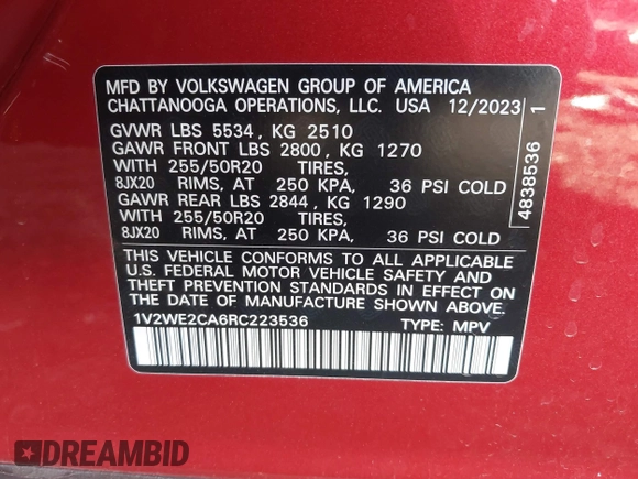 2024 Volkswagen Atlas SE z VIN 1V2WE2CA6RC223536, wystawiony jako IAAI lot #41259977 z przebiegiem 12 998 mil mil oraz . Historia ofert i sprzedaży dostępna na DreamBid. Obrazek 9.