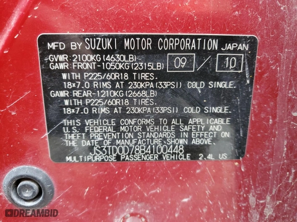 2011 Suzuki Grand Vitara Limited with VIN JS3TD0D78B4100448, listed as a Copart auction lot 43955015 with 143,547 mi miles and Salvage Title. Bid and sale history available at carsss.com. Image 12.