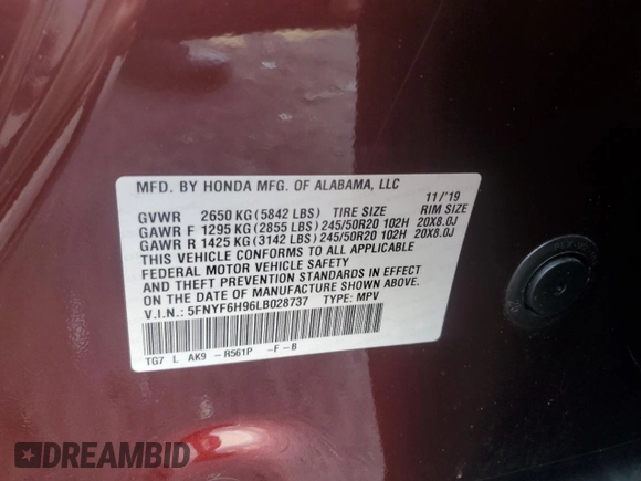 2020 Honda Pilot Touring 8-Passenger with VIN 5FNYF6H96LB028737, listed as a Copart auction lot 60435635 with 115,023 mi miles and Salvage title. Bid and sale history available at DreamBid. Image 13.