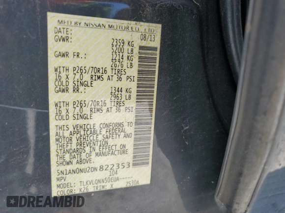 2013 Nissan Xterra S z VIN 5N1AN0NU2DN822353, wystawiony jako Copart lot #53728675 z przebiegiem 219 663 mil mil oraz Szkoda całkowita • Salvage title. Historia ofert i sprzedaży dostępna na DreamBid. Obrazek 13.