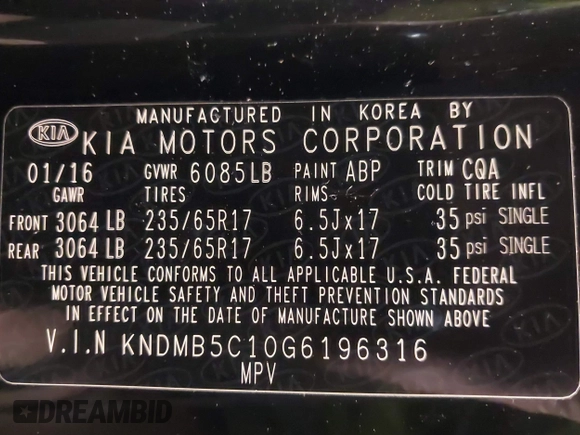 2016 Kia Sedona LX with VIN KNDMB5C10G6196316, listed as a IAAI auction lot 41766504 with 109,785 mi miles. Bid and sale history available at carsss.com. Image 9.