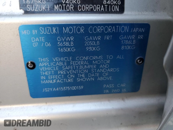 2007 Suzuki SX4 with VIN JS2YA415375100159, listed as a Copart auction lot 84743194 with Not Provided miles and Non Repairable. Bid and sale history available at DreamBid. Image 13.