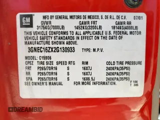 2002 Chevrolet Suburban LS with VIN 3GNEC16ZX2G130933, listed as a Copart auction lot 59340045 with Not provided miles and Salvage title. Bid and sale history available at DreamBid. Image 14.