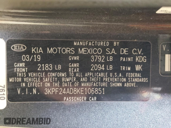 2019 Kia Forte LXS with VIN 3KPF24AD8KE106851, listed as a Copart auction lot 43610995 with 63,994 mi miles and Salvage Title. Bid and sale history available at DreamBid. Image 12.