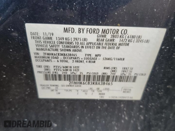 2019 Ford Flex SEL z VIN 2FMHK6C83KBA38465, wystawiony jako Copart lot #55235475 z przebiegiem 58 935 mil mil oraz Czysty tytuł • Clean title. Historia ofert i sprzedaży dostępna na DreamBid. Obrazek 14.