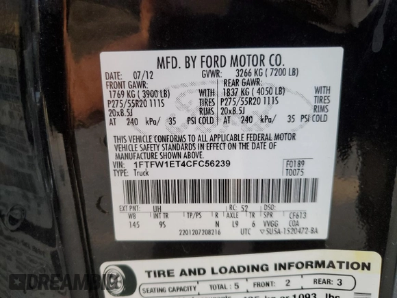 2012 Ford F-150 XL with VIN 1FTFW1ET4CFC56239, listed as a Copart auction lot 48560955 with 154,754 mi miles and Salvage Title. Bid and sale history available at carsss.com. Image 14.