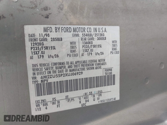 1999 Mercury Mountaineer с VIN 4M2ZU55P2XUJ06929, выставлен на аукционе IAAI как лот 42208390 с пробегом 254 186 миль миль и . История ставок и продаж доступна на DreamBid. Изображение 9.