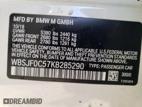 2019 BMW M5 Competition with VIN WBSJF0C57KB285290, listed as a Copart auction lot 40430303 with 58,912 mi miles. Bid and sale history available at carsss.com. Image 15.