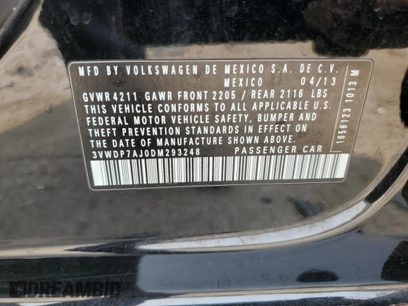2013 Volkswagen Jetta SE with VIN 3VWDP7AJ0DM293248, listed as a Copart auction lot 58566395 with 205,773 mi miles and Salvage title. Bid and sale history available at DreamBid. Image 12.