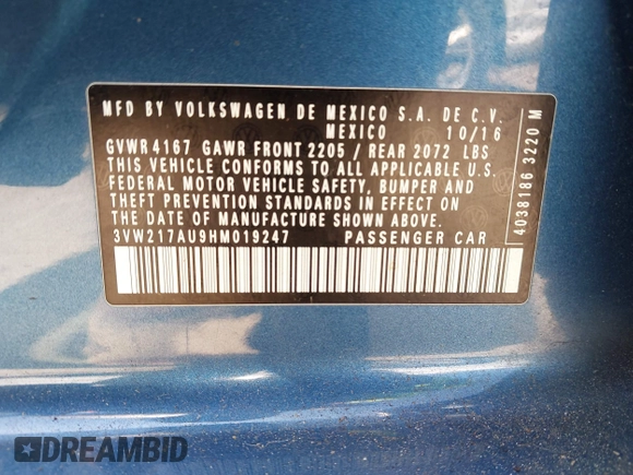 2017 Volkswagen Golf S z VIN 3VW217AU9HM019247, wystawiony jako IAAI lot #42213525 z przebiegiem 79 813 mil mil oraz . Historia ofert i sprzedaży dostępna na DreamBid. Obrazek 9.