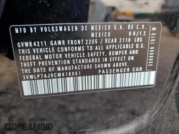 2012 Volkswagen Jetta SEL with VIN 3VWLP7AJ9CM416961, listed as a Copart auction lot 45154855 with Not provided miles and Salvage title. Bid and sale history available at DreamBid. Image 13.