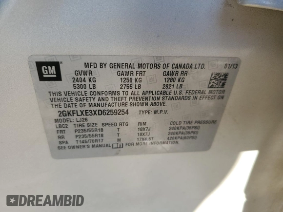 2013 GMC Terrain SLT z VIN 2GKFLXE3XD6259254, wystawiony jako Copart lot #50117685 z przebiegiem 135 163 mil mil oraz Szkoda całkowita • Salvage title. Historia ofert i sprzedaży dostępna na DreamBid. Obrazek 13.