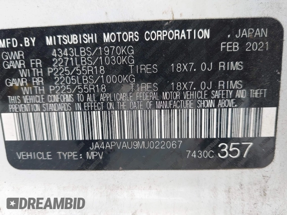 2021 Mitsubishi Outlander SE z VIN JA4APVAU9MU022067, wystawiony jako IAAI lot #42424354 z przebiegiem 74 731 mil mil oraz . Historia ofert i sprzedaży dostępna na DreamBid. Obrazek 9.