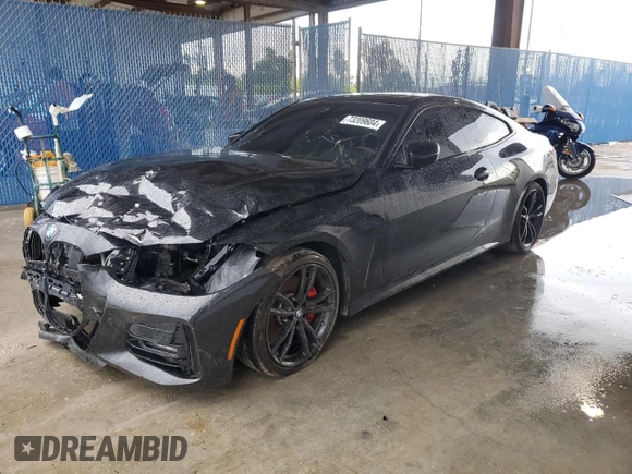 2022 BMW 4 Series 430i z VIN WBA53AP08NCJ06319, wystawiony jako Copart lot #73209604 z przebiegiem Nie podano mil oraz Szkoda całkowita • Salvage title. Historia ofert i sprzedaży dostępna na DreamBid. Obrazek 1.