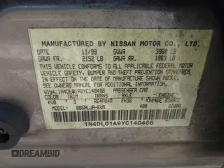 2000 Nissan Altima GXE with VIN 1N4DL01A9YC140466, listed as a IAAI auction lot 41605677 with 127,066 mi miles. Bid and sale history available at carsss.com. Image 9.
