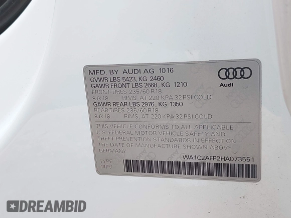 2017 Audi Q5 Premium with VIN WA1C2AFP2HA073551, listed as a IAAI auction lot 42411730 with 46,429 mi miles and . Bid and sale history available at DreamBid. Image 9.