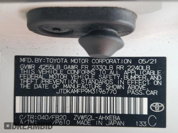2021 Toyota Prius LE z VIN JTDKAMFP9M3196770, wystawiony jako Copart lot #54309555 z przebiegiem 21 948 mil mil oraz Szkoda całkowita • Salvage title. Historia ofert i sprzedaży dostępna na DreamBid. Obrazek 12.