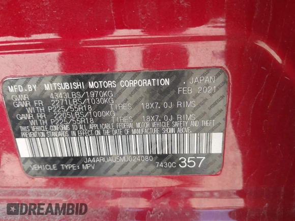 2021 Mitsubishi Outlander ES with VIN JA4ARUAU5MU024080, listed as a IAAI auction lot 42102019 with 83,915 mi miles and . Bid and sale history available at DreamBid. Image 9.