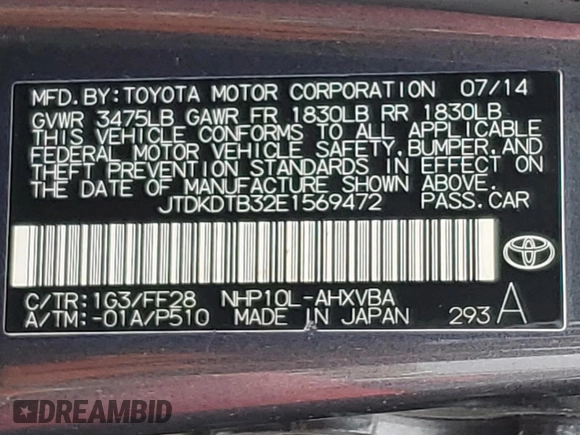 2014 Toyota Prius One with VIN JTDKDTB32E1569472, listed as a Copart auction lot 53732055 with 106,420 mi miles and Salvage Title. Bid and sale history available at DreamBid. Image 12.