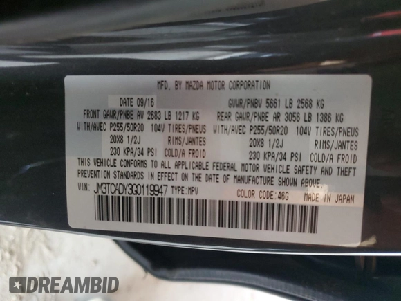 2016 Mazda CX-9 Grand Touring с VIN JM3TCADY3G0119947, выставлен на аукционе Copart как лот 57904515 с пробегом 94 251 миль миль и Списание • Salvage title. История ставок и продаж доступна на DreamBid. Изображение 12.