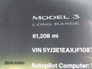 2018 Tesla Model 3 Long Range Battery with VIN 5YJ3E1EAXJF108781, listed as a IAAI auction lot 41962628 with 61,208 mi miles and . Bid and sale history available at DreamBid. Image 16.