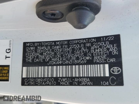 2022 Toyota Prius L Eco with VIN JTDKAMFU4N3189569, listed as a Copart auction lot 60915935 with 195,920 mi miles and Clean title. Bid and sale history available at DreamBid. Image 12.