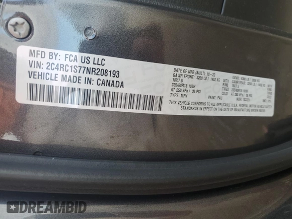 2022 Chrysler Pacifica Hybrid Limited with VIN 2C4RC1S77NR208193, listed as a Copart auction lot 47320125 with 28,282 mi miles and Salvage title. Bid and sale history available at DreamBid. Image 16.