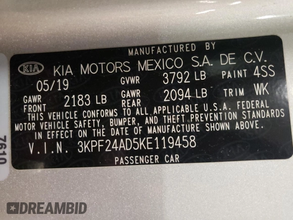 2019 Kia Forte LXS with VIN 3KPF24AD5KE119458, listed as a Copart auction lot 52129345 with 72,118 mi miles and Salvage Title. Bid and sale history available at carsss.com. Image 12.