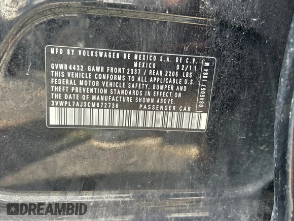 2012 Volkswagen Jetta TDI with VIN 3VWPL7AJ3CM672736, listed as a Copart auction lot 58438515 with 133,339 mi miles and Salvage title. Bid and sale history available at DreamBid. Image 10.