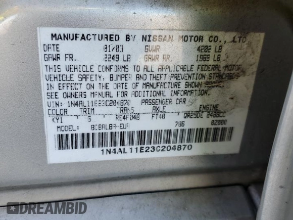 2003 Nissan Altima S z VIN 1N4AL11E23C204870, wystawiony jako Copart lot #58247635 z przebiegiem 164 420 mil mil oraz Szkoda całkowita • Salvage title. Historia ofert i sprzedaży dostępna na DreamBid. Obrazek 13.