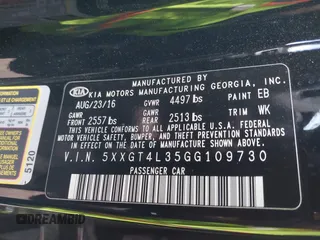 2016 Kia Optima LX z VIN 5XXGT4L35GG109730, wystawiony jako IAAI lot #41896000 z przebiegiem 127 552 mil mil oraz . Historia ofert i sprzedaży dostępna na DreamBid. Obrazek 9.