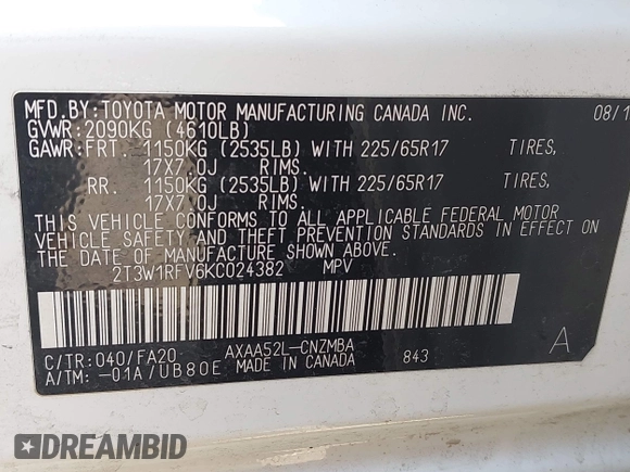 2019 Toyota RAV4 XLE with VIN 2T3W1RFV6KC024382, listed as a IAAI auction lot 42178430 with 118,663 mi miles and . Bid and sale history available at DreamBid. Image 9.