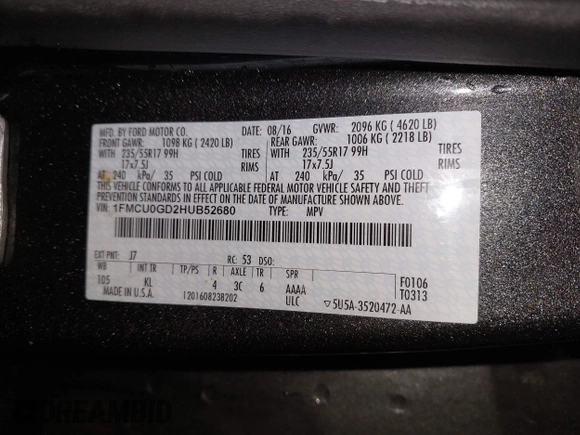 2017 Ford Escape SE with VIN 1FMCU0GD2HUB52680, listed as a IAAI auction lot 42040658 with 81,158 mi miles and . Bid and sale history available at DreamBid. Image 9.
