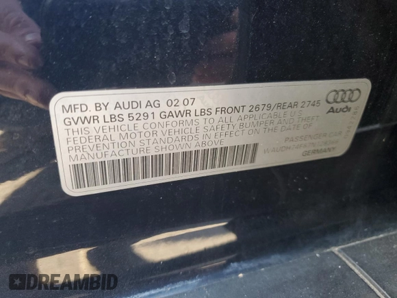 2007 Audi A6 3.2L with VIN WAUDH74F67N128366, listed as a Copart auction lot 86737484 with 147,057 mi miles and Non Repairable. Bid and sale history available at carsss.com. Image 12.