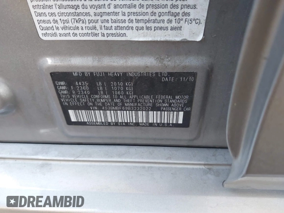 2011 Subaru Legacy Premium с VIN 4S3BMBF69B3232022, выставлен на аукционе IAAI как лот 41692733 с пробегом 133 895 миль миль и . История ставок и продаж доступна на DreamBid. Изображение 9.