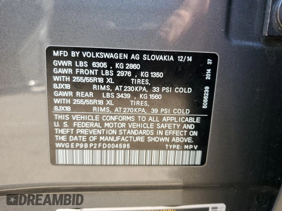 2015 Volkswagen Touareg Lux с VIN WVGEP9BP2FD004595, выставлен на аукционе Copart как лот 59020375 с пробегом 135 319 миль миль и Списание • Salvage title. История ставок и продаж доступна на DreamBid. Изображение 13.