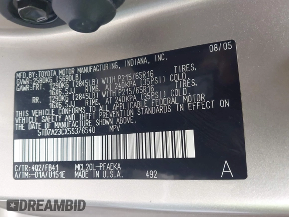 2005 Toyota Sienna CE with VIN 5TDZA23CX5S376540, listed as a IAAI auction lot 41840398 with 180,285 mi miles. Bid and sale history available at carsss.com. Image 9.