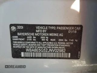 2018 BMW 3 Series 320i xDrive with VIN WBA8E5G52JNV02982, listed as a Copart auction lot 60742155 with 54,469 mi miles and Salvage title. Bid and sale history available at DreamBid. Image 12.
