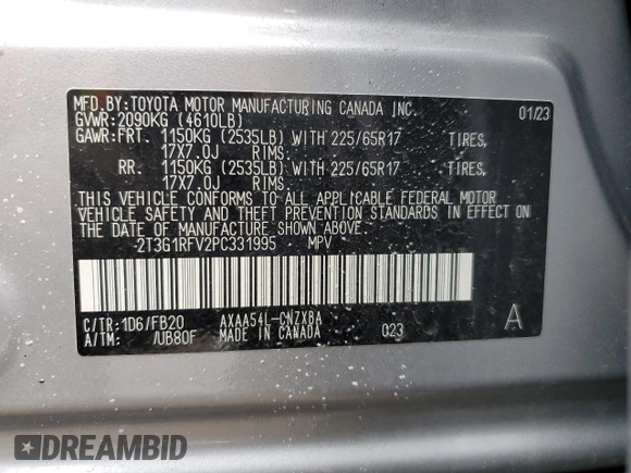 2023 Toyota RAV4 LE with VIN 2T3G1RFV2PC331995, listed as a Copart auction lot 49627305 with 22,591 mi miles and Salvage title. Bid and sale history available at DreamBid. Image 13.