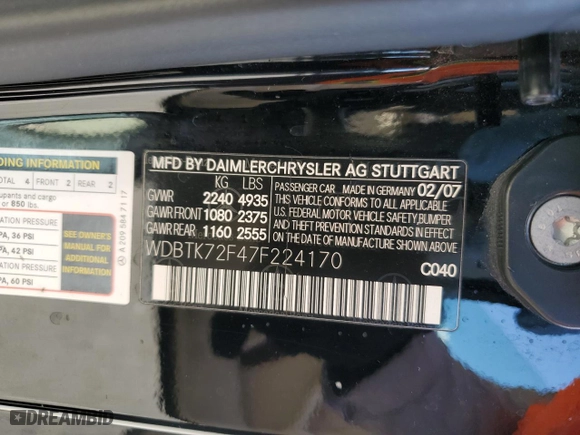 2007 Mercedes-Benz CLK-Class 5.5L with VIN WDBTK72F47F224170, listed as a Copart auction lot 70914174 with 182,806 mi miles and Non Repairable. Bid and sale history available at carsss.com. Image 13.