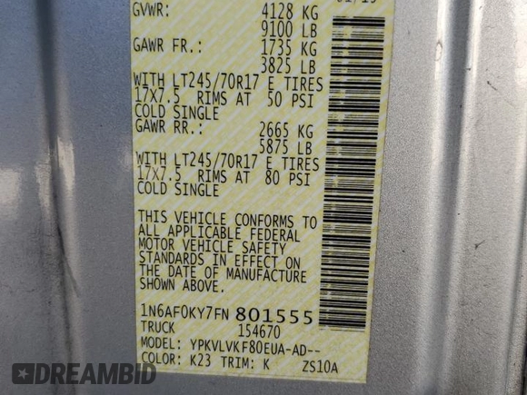 2015 Nissan NV SV with VIN 1N6AF0KY7FN801555, listed as a Copart auction lot 85541884 with 105,056 mi miles and Salvage Title. Bid and sale history available at carsss.com. Image 14.