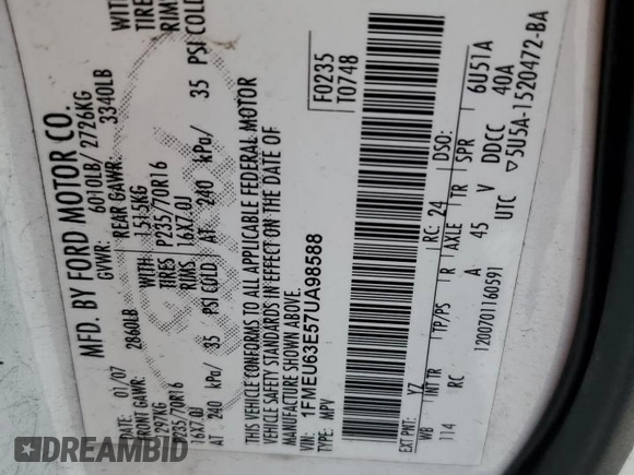 2007 Ford Explorer XLT z VIN 1FMEU63E57UA98588, wystawiony jako Copart lot #60861605 z przebiegiem 174 118 mil mil oraz Szkoda całkowita • Salvage title. Historia ofert i sprzedaży dostępna na DreamBid. Obrazek 14.
