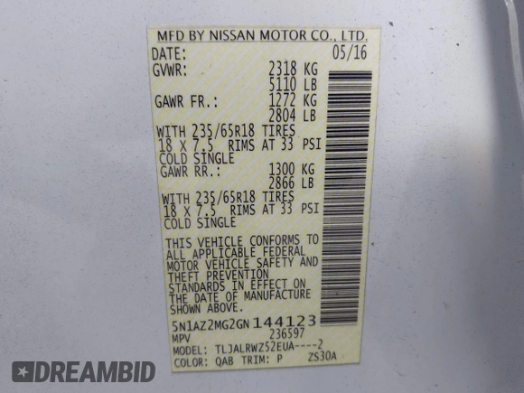 2016 Nissan Murano S with VIN 5N1AZ2MG2GN144123, listed as a IAAI auction lot 42041165 with 60,854 mi miles and . Bid and sale history available at carsss.com. Image 9.