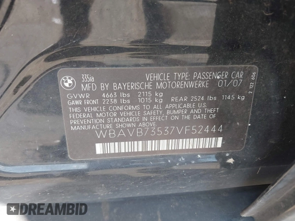 2007 BMW 3 Series 335i with VIN WBAVB73537VF52444, listed as a IAAI auction lot 42348379 with 185,399 mi miles and . Bid and sale history available at DreamBid. Image 9.
