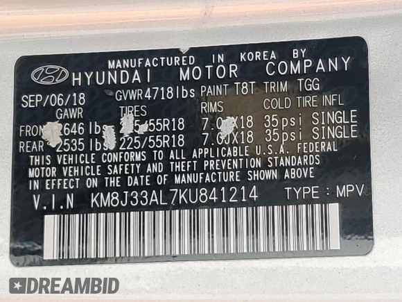 2019 Hyundai Tucson SEL with VIN KM8J33AL7KU841214, listed as a Copart auction lot 59331185 with 99,150 mi miles and Salvage title. Bid and sale history available at DreamBid. Image 13.