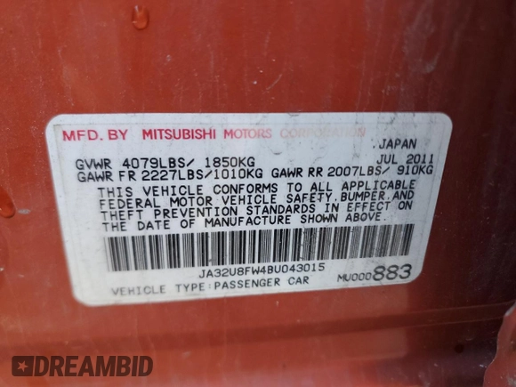 2011 Mitsubishi Lancer GTS with VIN JA32U8FW4BU043015, listed as a Copart auction lot 80831184 with 0 mi miles and Salvage Title. Bid and sale history available at carsss.com. Image 12.