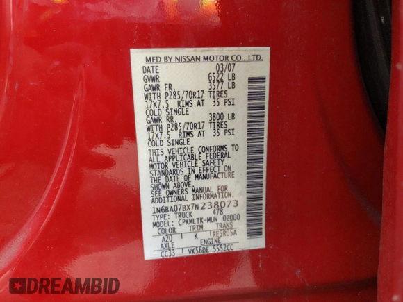 2007 Nissan Titan SE z VIN 1N6BA07BX7N238073, wystawiony jako Copart lot #59278845 z przebiegiem 176 238 mil mil oraz Czysty tytuł • Clean title. Historia ofert i sprzedaży dostępna na DreamBid. Obrazek 12.
