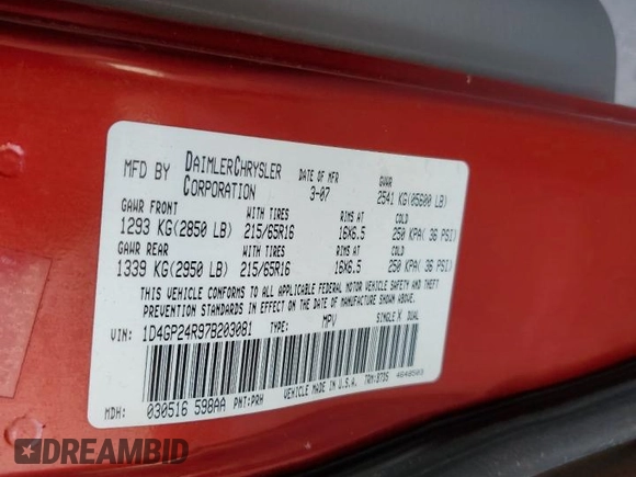 2007 Dodge Grand Caravan SE with VIN 1D4GP24R97B203081, listed as a Copart auction lot 53430165 with 154,912 mi miles and Salvage Title. Bid and sale history available at DreamBid. Image 13.